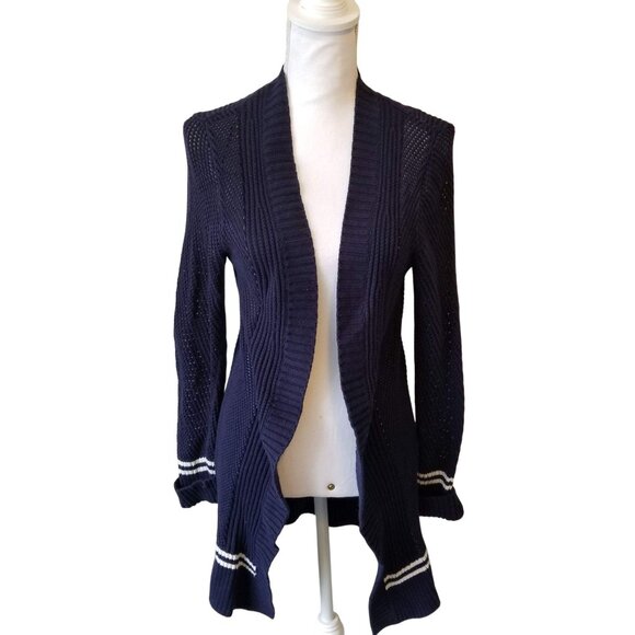 Pea In The Pod Maternity Navy Open-Front Knit Cardigan With White Striped Trim S - Picture 1 of 3